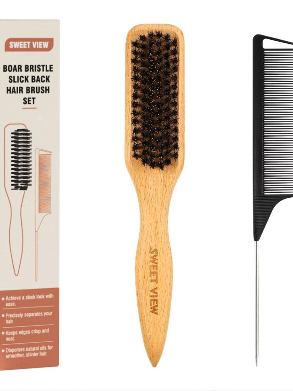 SWEET VIEW Boar Bristle Slick Back Hair Brush for Smooth Flyaways